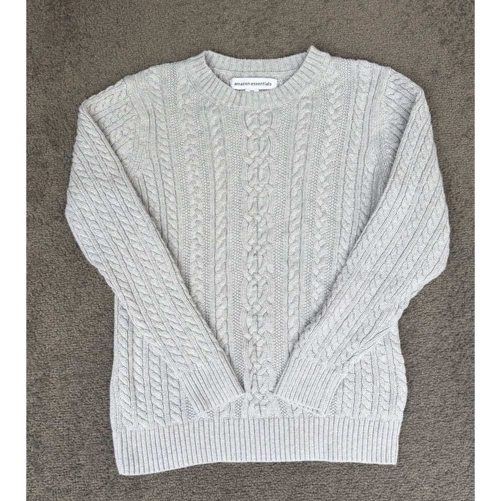 Amazon Essentials Mens Cable Knit Crewneck Sweater Light Gray Cotton Size M